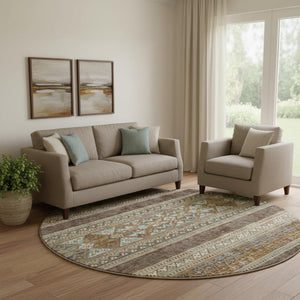 HomeRoots 8' Southwestern Round Rug in Chocolate, Copper & Ivory – Durable, Washable, UV-Protected Design! 657410