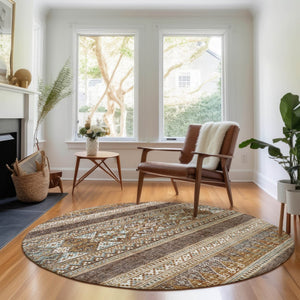 HomeRoots 8' Southwestern Round Rug in Chocolate, Copper & Ivory – Durable, Washable, UV-Protected Design! 657410