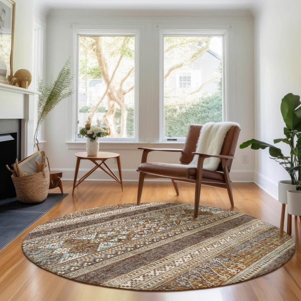 HomeRoots 8' Southwestern Round Rug in Chocolate, Copper & Ivory – Durable, Washable, UV-Protected Design! 657410