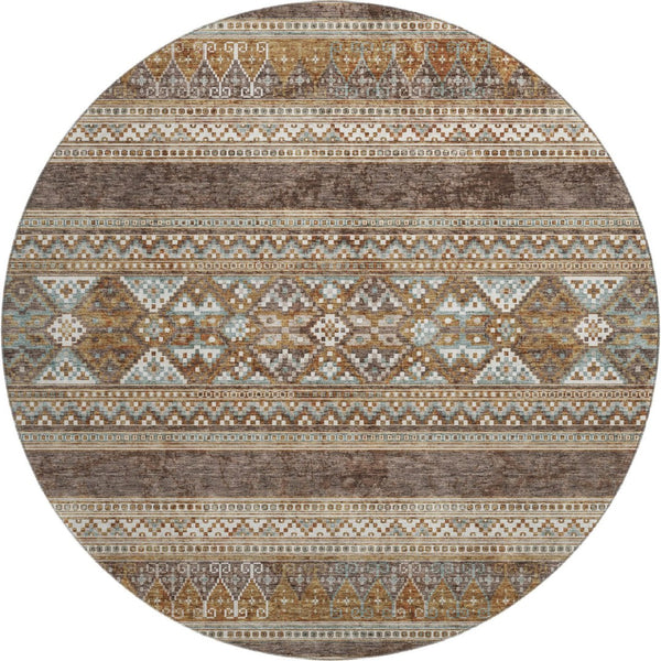 HomeRoots 8' Southwestern Round Rug in Chocolate, Copper & Ivory – Durable, Washable, UV-Protected Design! 657410