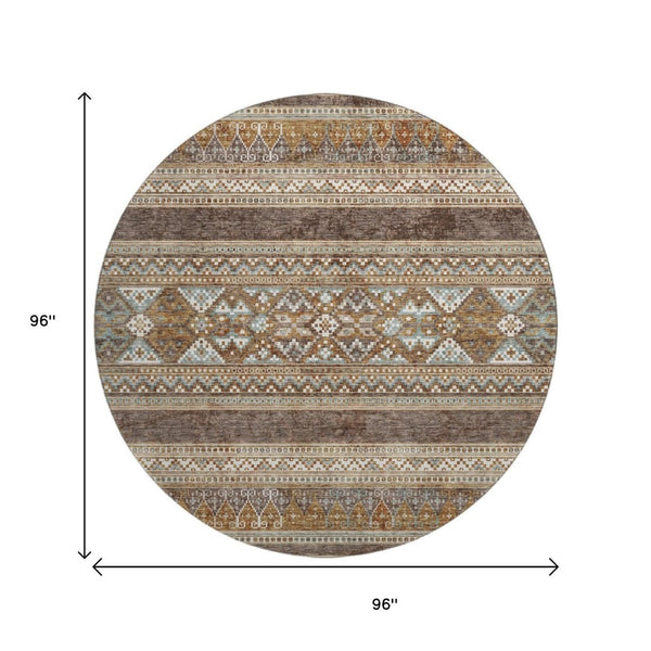 HomeRoots 8' Southwestern Round Rug in Chocolate, Copper & Ivory – Durable, Washable, UV-Protected Design! 657410