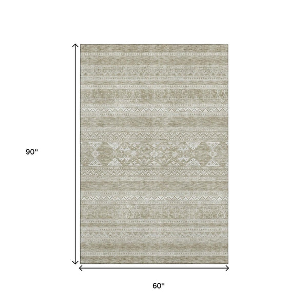 HomeRoots 5' X 8' Southwestern Khaki and Ivory Washable Area Rug - Durable, UV-Protected, Soft & Stylish 657421