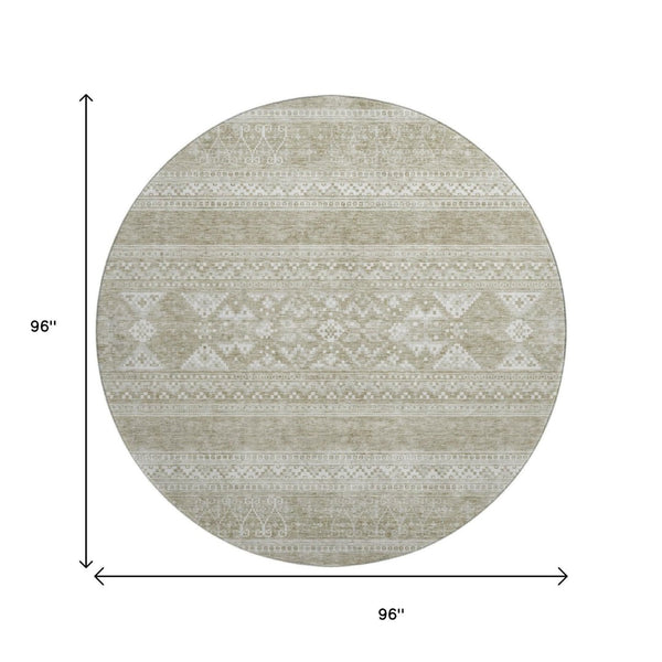 HomeRoots 8' Khaki and Ivory Southwestern Washable Round Rug – Durable, Stain-Resistant with UV Protection! 657422