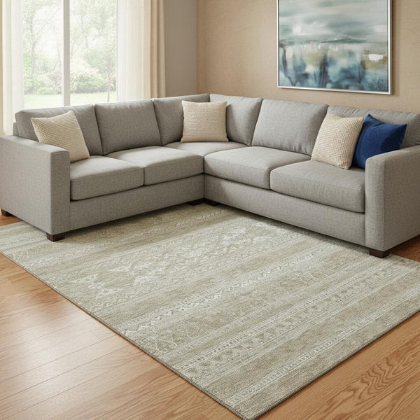 HomeRoots 9' X 12' Khaki & Ivory Southwestern Area Rug - Durable, Stain-Resistant, UV-Protected for Homes 657424