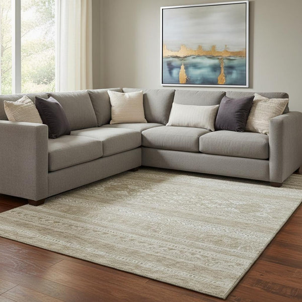 HomeRoots 10' X 14' Khaki & Ivory Southwestern Washable Area Rug – Stylish, Durable, UV-Protected for Homes 657425
