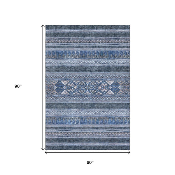 HomeRoots 5' X 8' Navy Blue & Ivory Southwestern Area Rug – Washable, UV Protected, Stain Resistant for Homes 657427