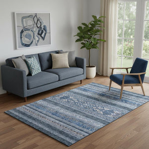 HomeRoots 5' X 8' Navy Blue & Ivory Southwestern Area Rug – Washable, UV Protected, Stain Resistant for Homes 657427