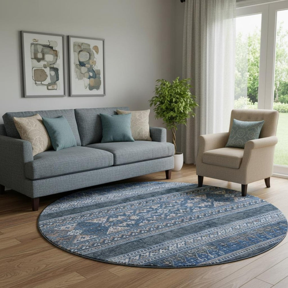 HomeRoots 8' Navy Blue and Ivory Southwestern Round Rug - Washable, UV-Protected, Stylish & Durable Design 657428