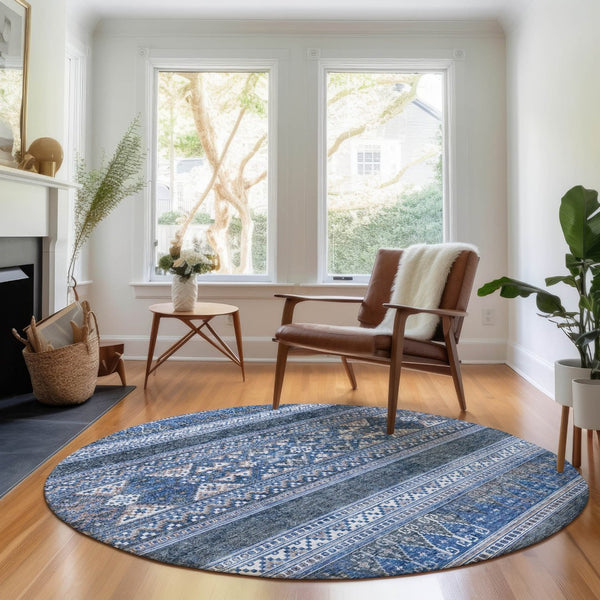 HomeRoots 8' Navy Blue and Ivory Southwestern Round Rug - Washable, UV-Protected, Stylish & Durable Design 657428