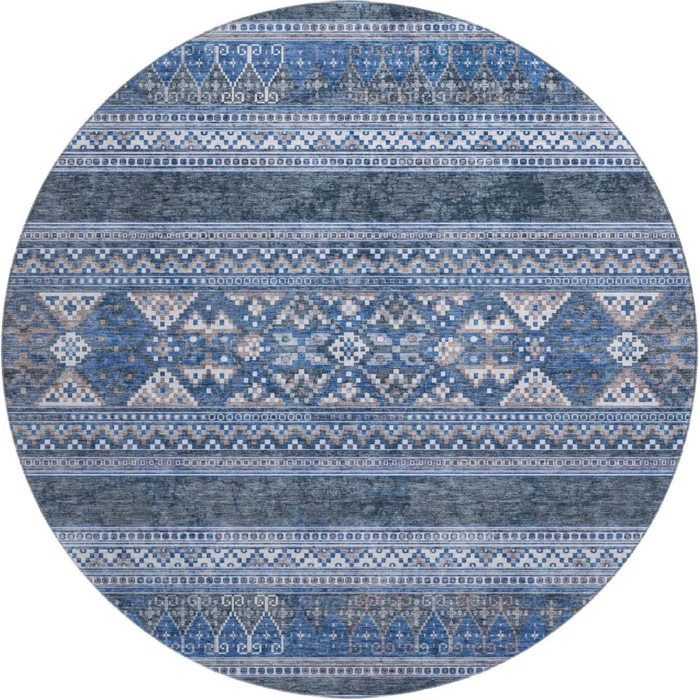 HomeRoots 8' Navy Blue and Ivory Southwestern Round Rug - Washable, UV-Protected, Stylish & Durable Design 657428