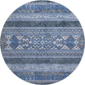 HomeRoots 8' Navy Blue and Ivory Southwestern Round Rug - Washable, UV-Protected, Stylish & Durable Design 657428