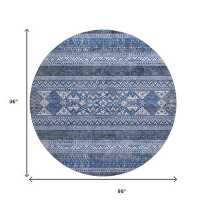 HomeRoots 8' Navy Blue and Ivory Southwestern Round Rug - Washable, UV-Protected, Stylish & Durable Design 657428