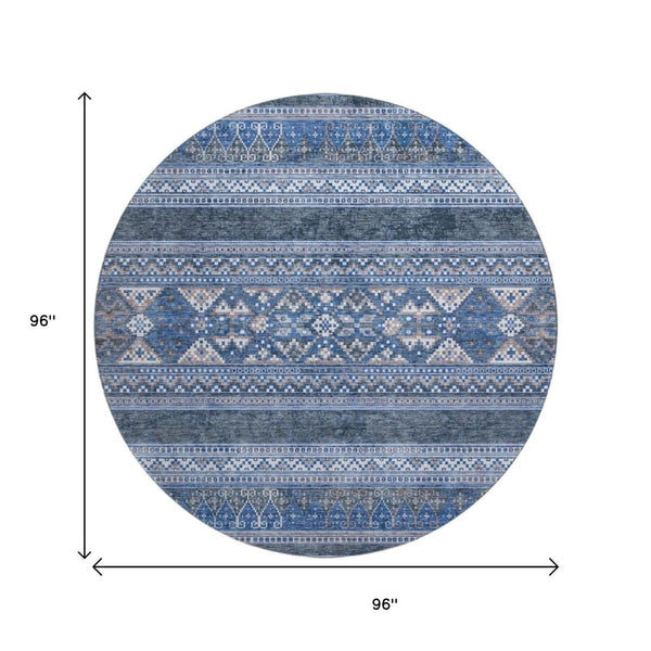 HomeRoots 8' Navy Blue and Ivory Southwestern Round Rug - Washable, UV-Protected, Stylish & Durable Design 657428