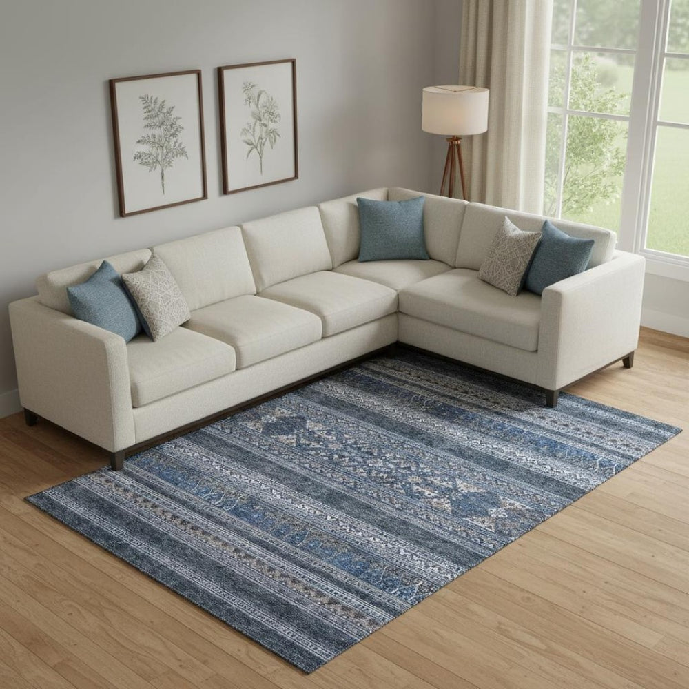 HomeRoots 8' X 10' Navy Blue and Ivory Southwestern Area Rug - Durable, Washable, UV Protected for Any Space 657429