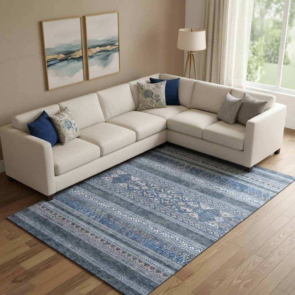 HomeRoots 9' X 12' Navy Blue & Ivory Southwestern Area Rug - Durable, Stain-Resistant, UV Protected & Washable! 657430