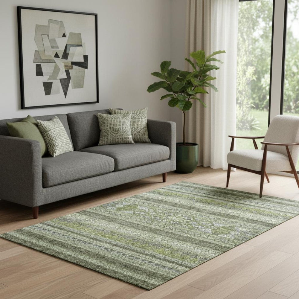 HomeRoots 5' X 8' Southwestern Area Rug in Olive Green, Gray & Ivory - Washable, UV-Protected, Stain-Resistant! 657433
