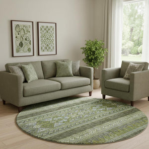 HomeRoots 8' Olive Green Gray and Ivory Southwestern Round Rug - Washable, UV Protected, Durable Design for Any Space 657434