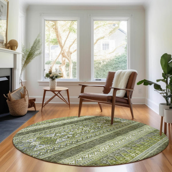 HomeRoots 8' Olive Green Gray and Ivory Southwestern Round Rug - Washable, UV Protected, Durable Design for Any Space 657434
