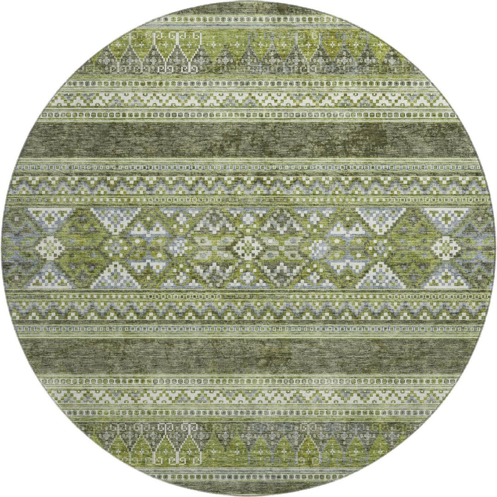 HomeRoots 8' Olive Green Gray and Ivory Southwestern Round Rug - Washable, UV Protected, Durable Design for Any Space 657434