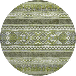 HomeRoots 8' Olive Green Gray and Ivory Southwestern Round Rug - Washable, UV Protected, Durable Design for Any Space 657434