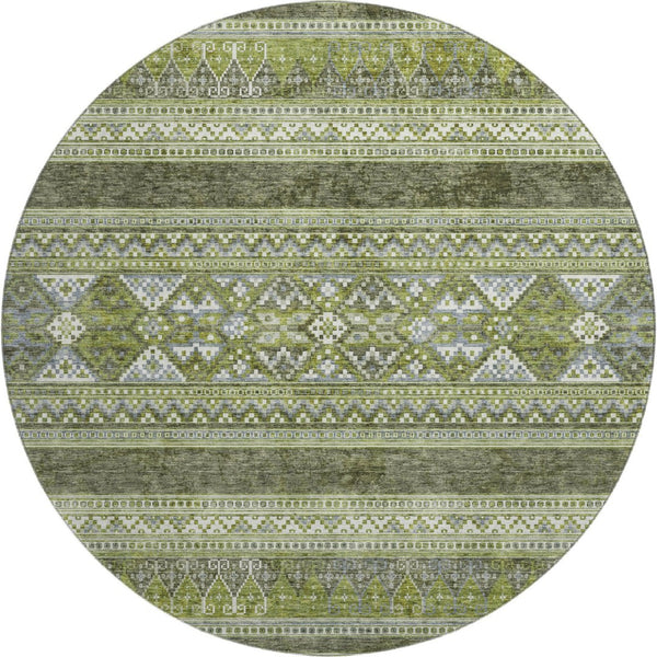 HomeRoots 8' Olive Green Gray and Ivory Southwestern Round Rug - Washable, UV Protected, Durable Design for Any Space 657434