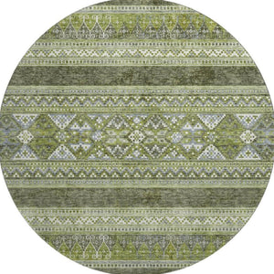 HomeRoots 8' Olive Green Gray and Ivory Southwestern Round Rug - Washable, UV Protected, Durable Design for Any Space 657434