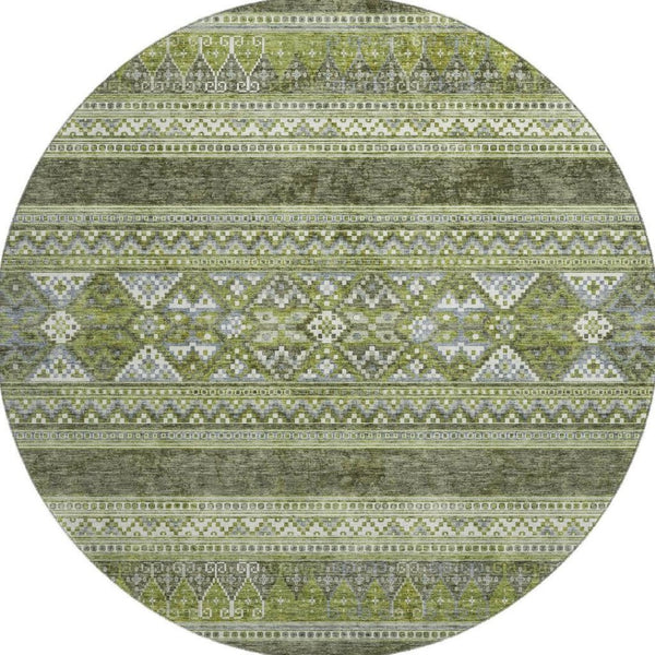 HomeRoots 8' Olive Green Gray and Ivory Southwestern Round Rug - Washable, UV Protected, Durable Design for Any Space 657434