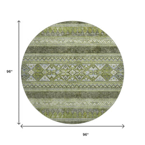 HomeRoots 8' Olive Green Gray and Ivory Southwestern Round Rug - Washable, UV Protected, Durable Design for Any Space 657434