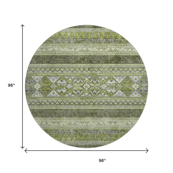 HomeRoots 8' Olive Green Gray and Ivory Southwestern Round Rug - Washable, UV Protected, Durable Design for Any Space 657434