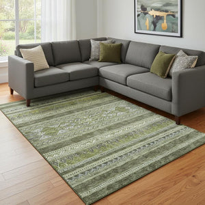 HomeRoots 8' X 10' Olive Green Gray Ivory Southwestern Area Rug - Durable, Washable, UV-Protected Design 657435