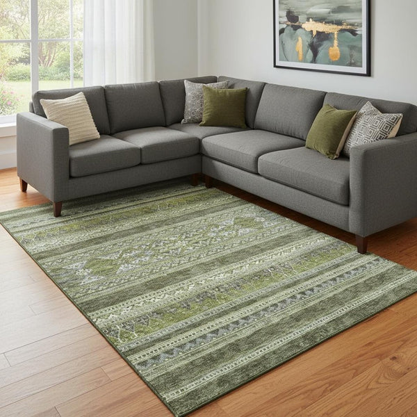 HomeRoots 8' X 10' Olive Green Gray Ivory Southwestern Area Rug - Durable, Washable, UV-Protected Design 657435