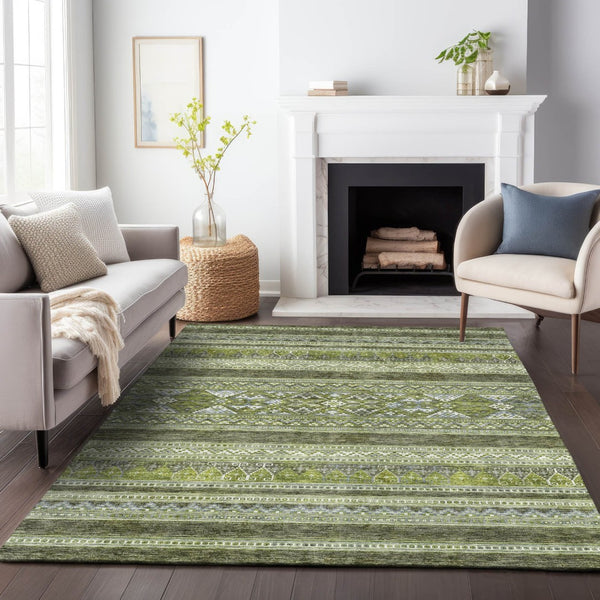 HomeRoots 8' X 10' Olive Green Gray Ivory Southwestern Area Rug - Durable, Washable, UV-Protected Design 657435