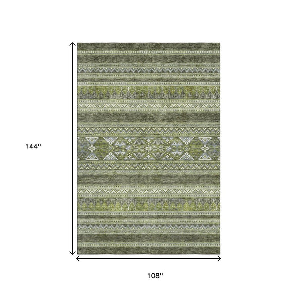 HomeRoots 9' X 12' Olive Green Gray Ivory Southwestern Washable Area Rug - Durable Stain Resistant & UV Protected 657436