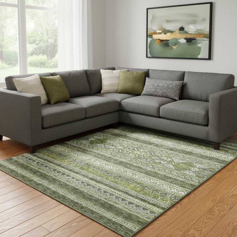 HomeRoots 9' X 12' Olive Green Gray Ivory Southwestern Washable Area Rug - Durable Stain Resistant & UV Protected 657436