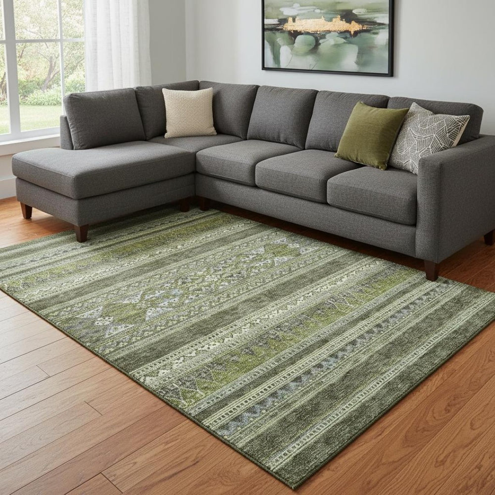 HomeRoots 10' X 14' Olive Green Gray Ivory Southwestern Area Rug – Washable, UV Protected, Durable & Stylish! 657437