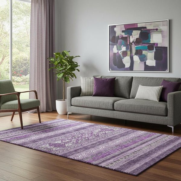 HomeRoots 5' X 8' Southwestern Washable Area Rug in Purple & Ivory with UV Protection for Family Spaces 657439