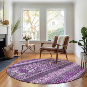 HomeRoots 8' Purple and Ivory Southwestern Washable Round Rug - UV Protected, Stain Resistant, Stylish Comfort 657440