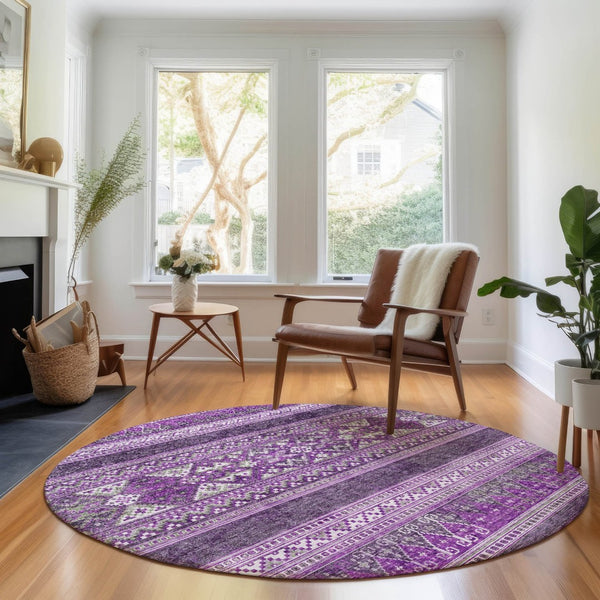 HomeRoots 8' Purple and Ivory Southwestern Washable Round Rug - UV Protected, Stain Resistant, Stylish Comfort 657440