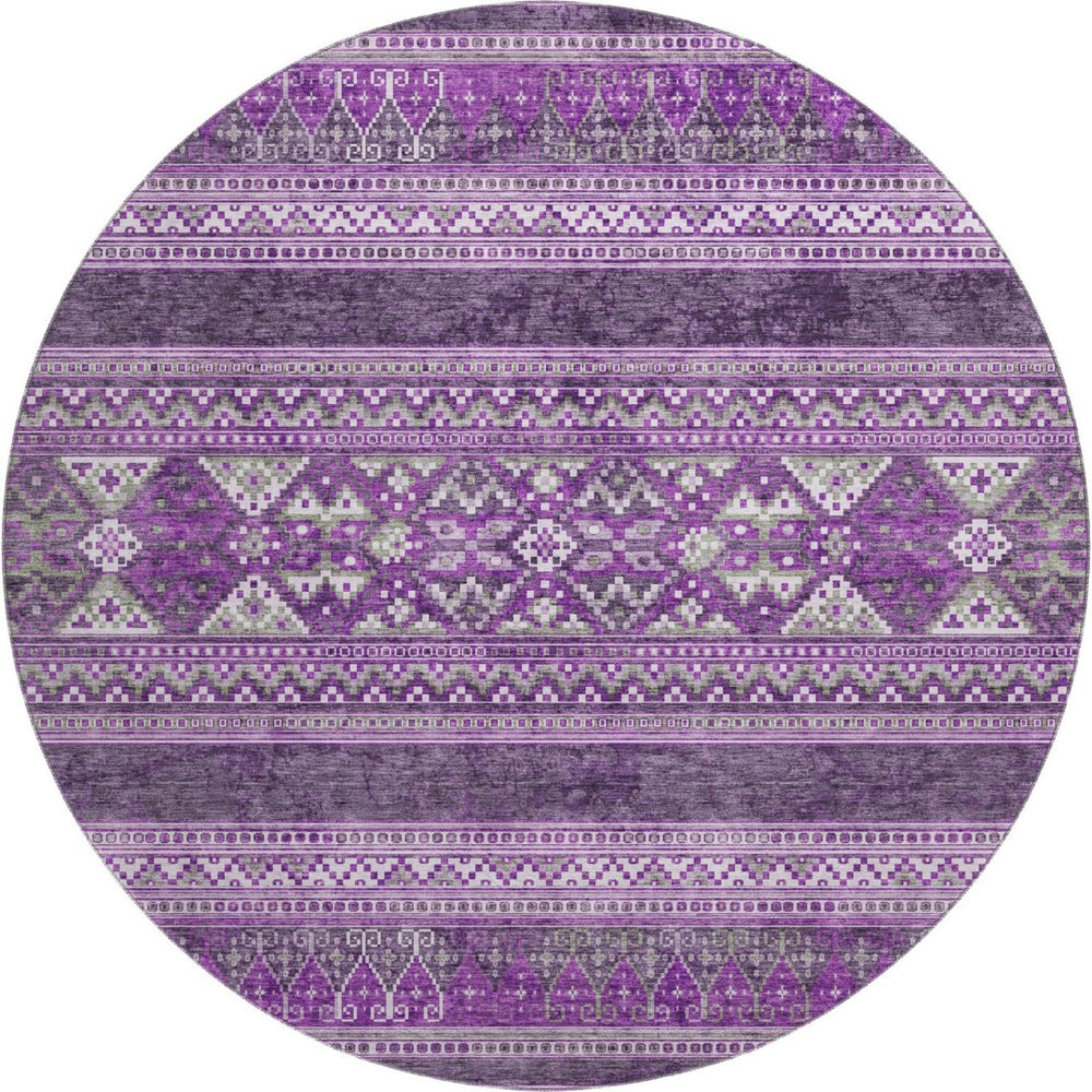 HomeRoots 8' Purple and Ivory Southwestern Washable Round Rug - UV Protected, Stain Resistant, Stylish Comfort 657440