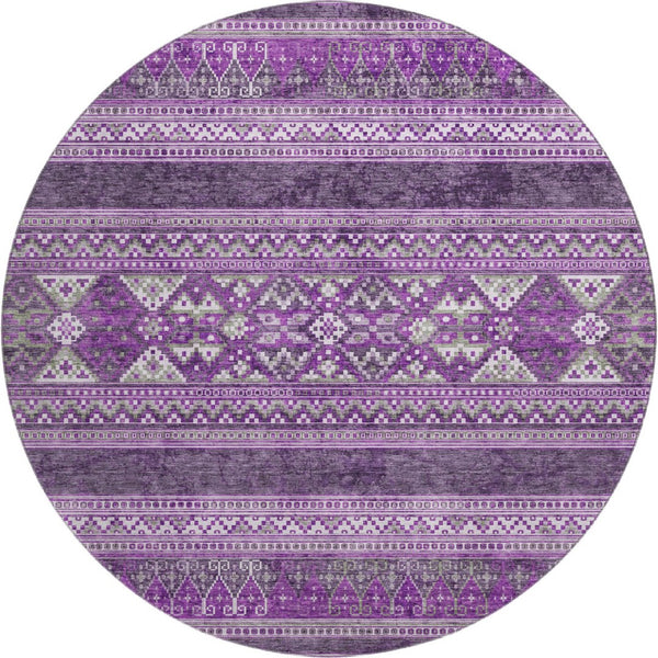 HomeRoots 8' Purple and Ivory Southwestern Washable Round Rug - UV Protected, Stain Resistant, Stylish Comfort 657440