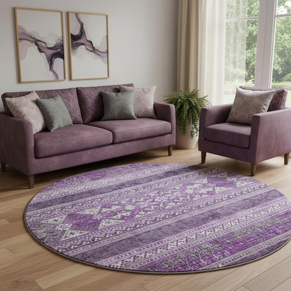HomeRoots 8' Purple and Ivory Southwestern Washable Round Rug - UV Protected, Stain Resistant, Stylish Comfort 657440