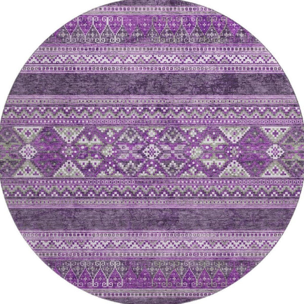 HomeRoots 8' Purple and Ivory Southwestern Washable Round Rug - UV Protected, Stain Resistant, Stylish Comfort 657440