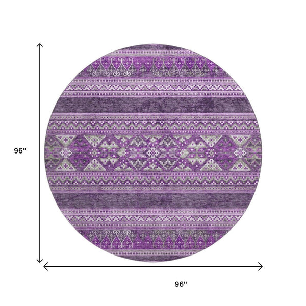 HomeRoots 8' Purple and Ivory Southwestern Washable Round Rug - UV Protected, Stain Resistant, Stylish Comfort 657440