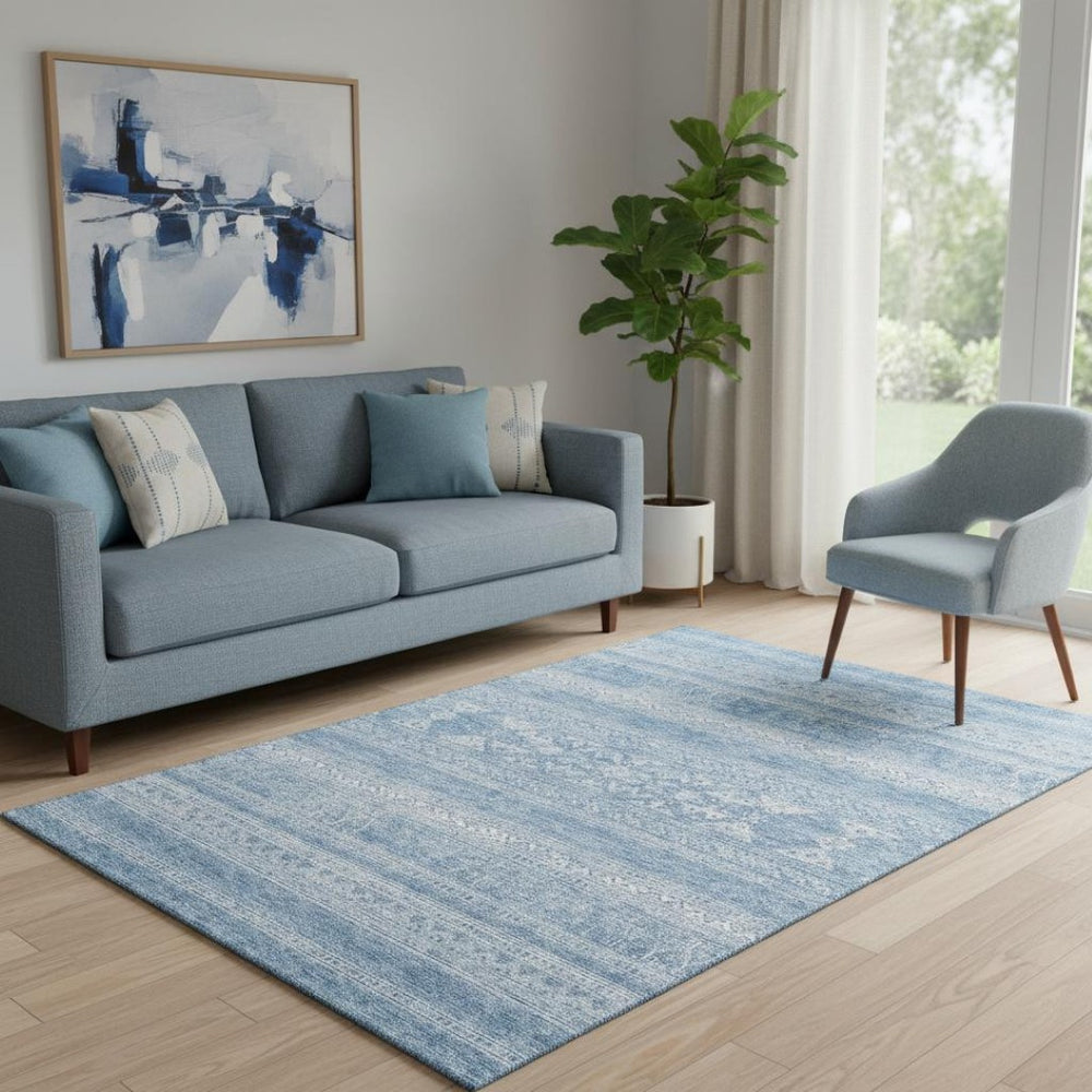 HomeRoots 5' X 8' Sky Blue & Ivory Southwestern Area Rug - Durable, Stain-Resistant with UV Protection! 657445