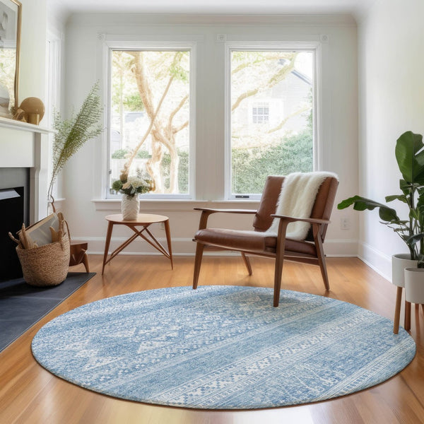 HomeRoots 8' Sky Blue Southwestern Round Rug - Washable, UV Protected, Stylish, Durable for Homes & Patios 657446