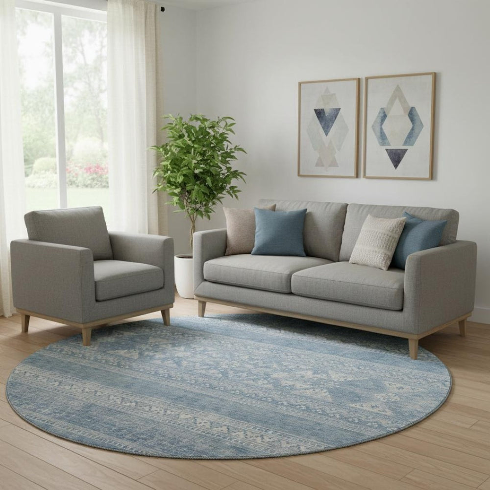 HomeRoots 8' Sky Blue Southwestern Round Rug - Washable, UV Protected, Stylish, Durable for Homes & Patios 657446