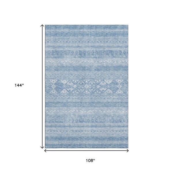 HomeRoots 9' X 12' Stylish Sky Blue Southwestern Washable Area Rug with UV Protection for Busy Homes 657448