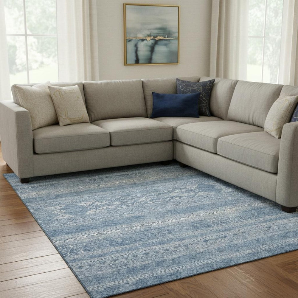 HomeRoots 9' X 12' Stylish Sky Blue Southwestern Washable Area Rug with UV Protection for Busy Homes 657448
