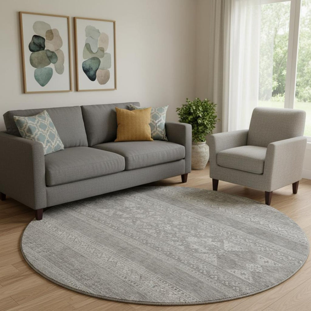 HomeRoots 8' Southwestern Round Rug in Silver and Gray - UV Protected, Stain Resistant, Durable for Any Room 657452