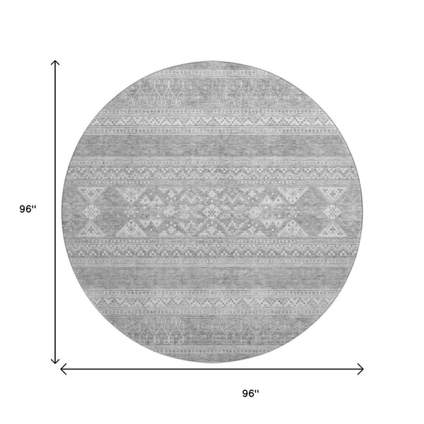 HomeRoots 8' Southwestern Round Rug in Silver and Gray - UV Protected, Stain Resistant, Durable for Any Room 657452